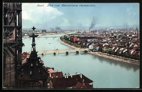AK Basel, Blick vom Münsterturm rheinabwärts