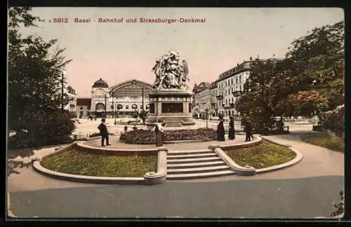 AK Basel, Bahnhof und Strassburger-Denkmal