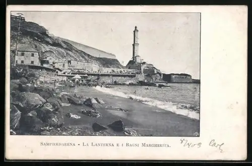 AK Sampierdarena, La Lanterna e i Bagni Marghertia, Leuchtturm mit Strand