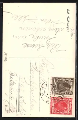 AK Rab /Dalmacija, Strand mit Blick auf den Ort