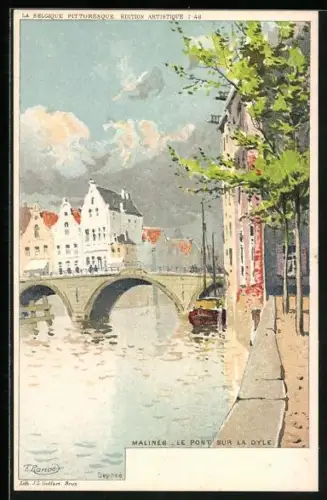 Künstler-AK Malines, Le Point sur la Dyle, Blick auf Wasser und Brücke