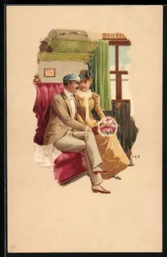 Künstler-AK Liebespaar sitzt gemeinsam in einem Zugabteil