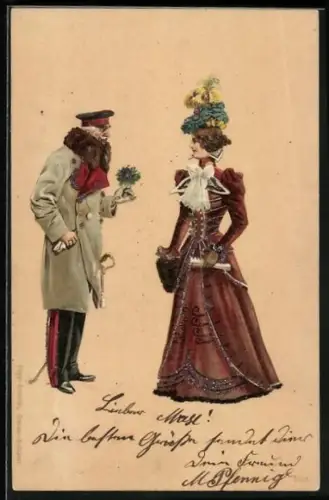 AK General in niform überreicht Dame einen Blumenstrauss Vergissmeinnicht