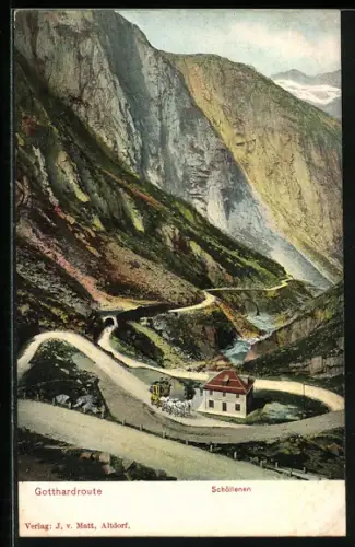 AK Schöllenen, Gotthardroute mit Postkutsche und Haus