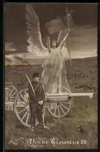 AK Notre Glorieux 75, Französischer Artillerie-Soldat mit Geschütz