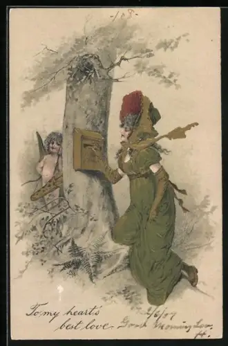 AK Edle Dame versendet Post an Amor, Jugendstil