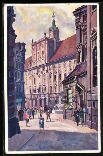 Künstler-AK Breslau, Passanten an der Universität