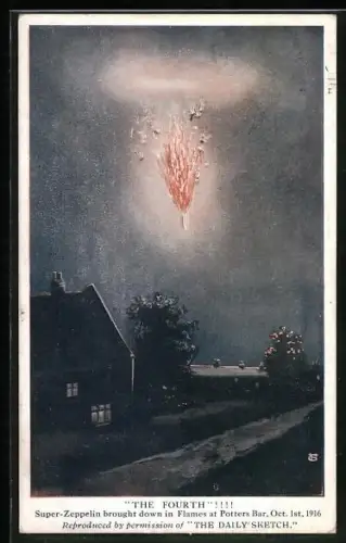 AK Super-Zeppelin brought down in Flames at Potters Bar 1916