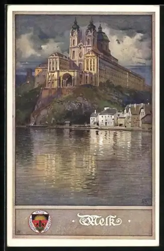 AK Deutscher Schulverein NR 163: Melk, Stadtansicht mit Kloster & Wasser