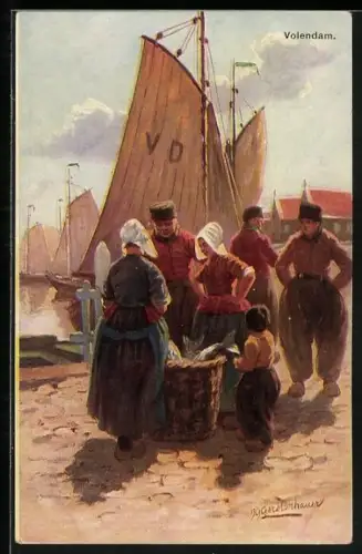 Künstler-AK Johan Georg Gerstenhauer: Fischverkauf im Hafen von Volendam