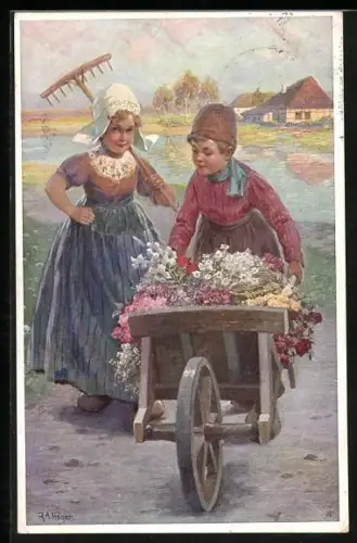 Künstler-AK Rudolf Alfred Höger: Kinder mit Schubkarre voller Blumen