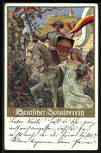 Künstler-AK Karl Friedrich Gsur, Deutscher Schulverein NR 106: Soldat zu Pferd mit Wappenschild und seine Begeleiterin