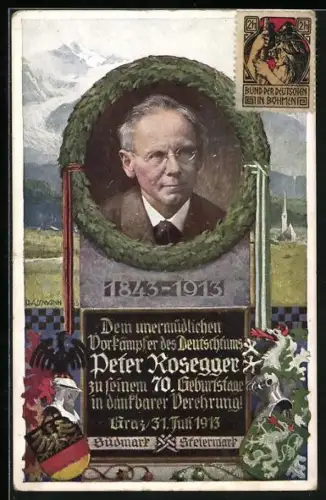 Künstler-AK Richard Assmann: Portrait des Schriftstellers und Vorkämpfer des Deutschtums Peter Rosegger
