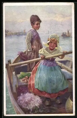 Künstler-AK Rudolf Alfred Höger: Holländische Kinder auf Ruderboot
