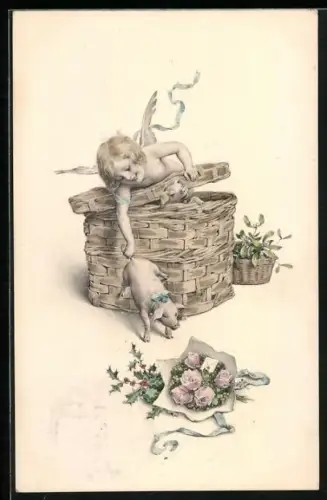 AK Englein am Korb mit Ferkeln