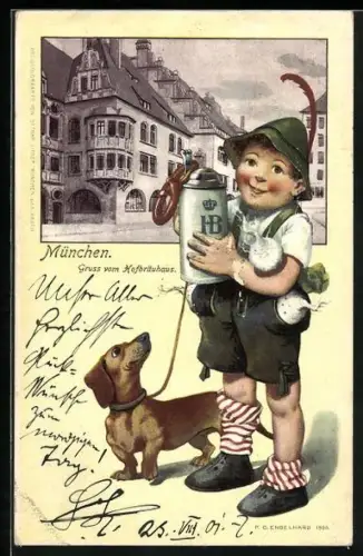 AK Münchner Hofbräuhaus, Junge mit Dackel und HB-Bierkrug