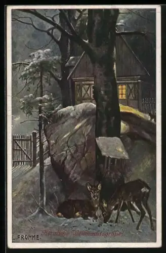 Künstler-AK Ludwig Fromme: Rehe an der Futterstelle nachts im Winter, Weihnachtsgruss