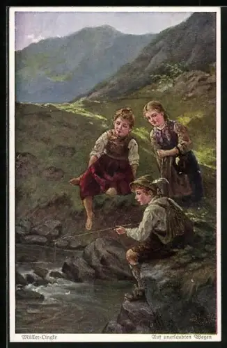 Künstler-AK Wohlgemuth & Lissner, Primus-Postkarte No. 3141, auf unerlaubten Wegen, Kinder beim Angeln