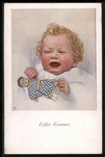 Künstler-AK M.Munk Nr. 923: Erster Kummer, weinendes Kleinkind mit Puppe in der Hand