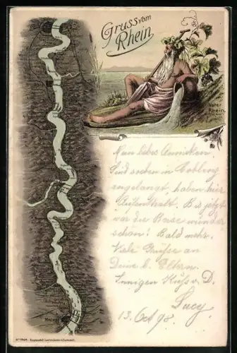 Lithographie Koblenz, Landkarte und Vater Rhein mit Weinreben