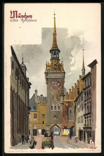 Künstler-AK Heinrich Kley: München, Rathaus mit Pferdewagen und Anwohnern