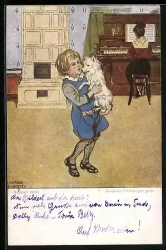 Künstler-AK sign. Marianne Frimberger: Sepperl tanzt mit seinem Hund