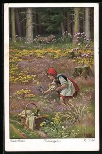 Künstler-AK Otto Kubel: Rotkäppchen pflückt Blumen im Wald