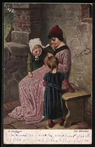 Künstler-AK Hermann Kaulbach: Ein Märchen, die Mutter liest den beiden Mädchen ein Märchen vor
