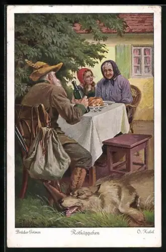 Künstler-AK Otto Kubel: Brüder Grimm, Rotkäppchen, Nr. 6, Jäger hat die Grossmutter gerettet
