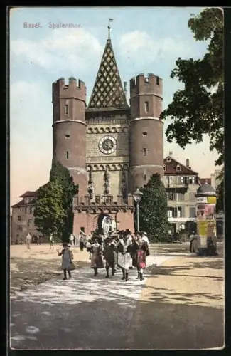 AK Basel, Am Spalenthor, Kindergruppe, Litfasssäule