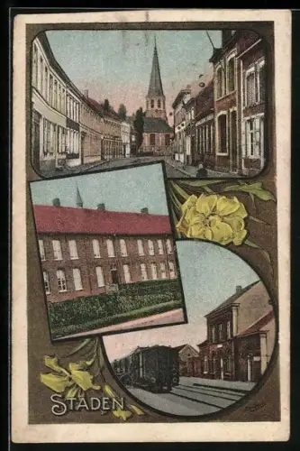 AK Staden, Bahnhof, Strassenpartie mit Kirche