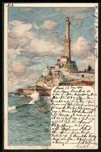 Künstler-AK Manuel Wielandt: Genova-Genua, Blick zum Leuchtturm