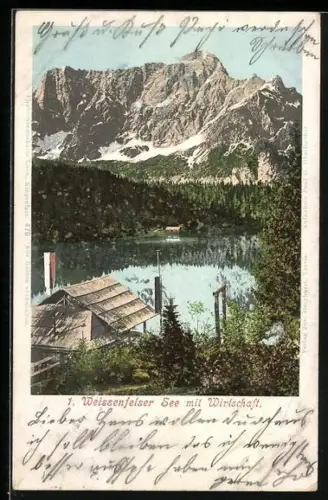 AK Tarvis, Weissenfelser-See, Seeblick mit Mangart vom Gasthof aus