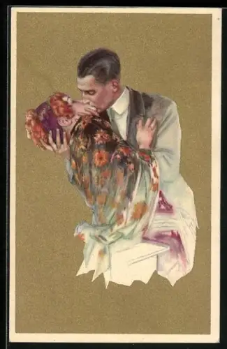 AK Liebespaar sich küssend, goldener Hintergrund