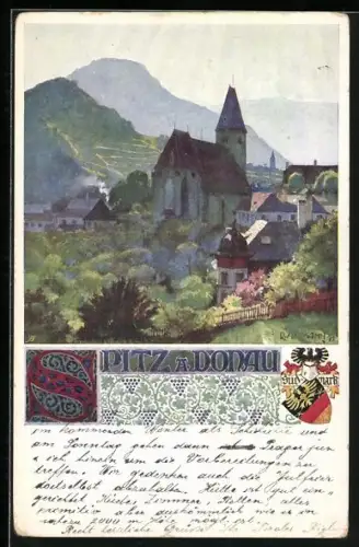 Künstler-AK Richard Assmann: Spitz a. Donau, Ortsansicht mit Kirche