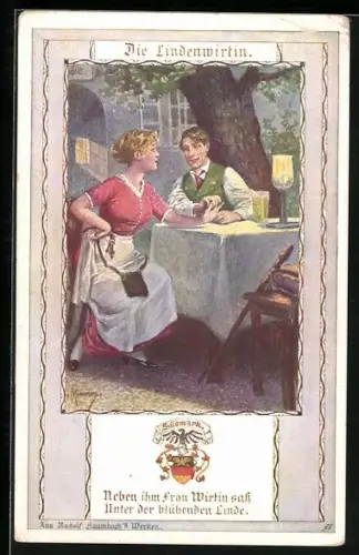 Künstler-AK Franz Kuderna: Die Lindenwirtin, Neben ihm Frau Wirtin sass...