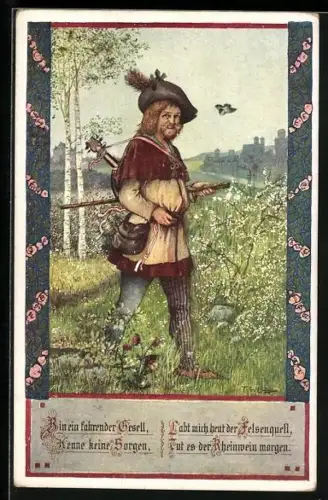 Künstler-AK T. Welzl: Fröhlicher Wanderer unterwegs auf einer Wiese