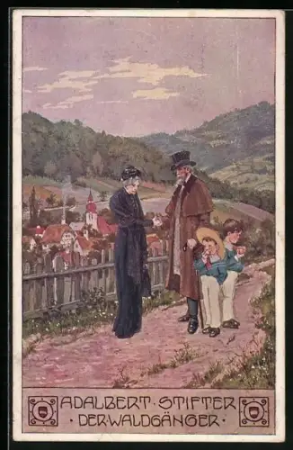 Künstler-AK Ernst Kutzer: Adalbert Stifter, Der Waldgänger, alter Mann spricht Witwe sein Beileid aus, Jungen essen Äpfe