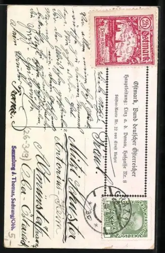 Künstler-AK Ernst Kutzer: Adalbert Stifter, Die Narrenburg, 2. Das Graue Schloss, Älterer Mann bitte Personen ins Schloss