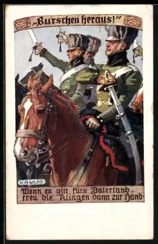 Künstler-AK Karl Alex Wilke: Berittene Soldaten ziehen ihre Schwerter