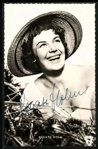 AK Schauspielerin Renate Holm mit sommerlichem Strohhut, Autograph