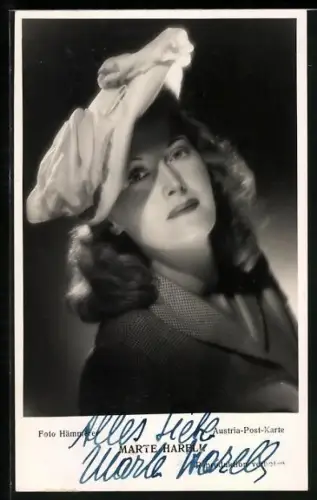 AK Schauspielerin Marte Harell, Portrait mit Hut, Autograph