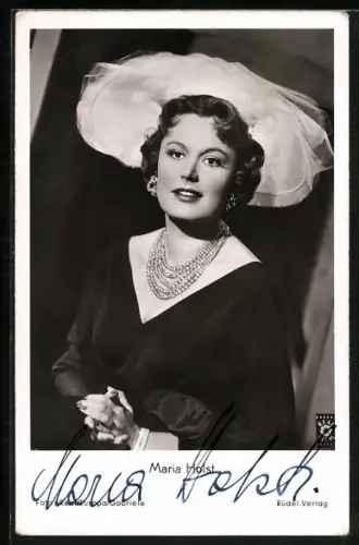 AK Schauspielerin Maria Holst mit Perlenkette und Hut, Autograph