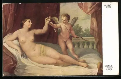 Künstler-AK Guido Reni: Venus mit Amor, der kleine Liebesgott reicht der nackten Liebesgöttin seinen Pfeil