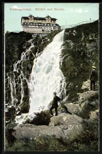 AK Elbfall mit Baude im Riesengebirge, Wasserfall
