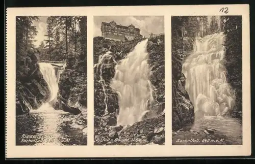 AK Elbfallbaude und Elbfall, Kochelfall im Riesengebirge, Zackelfall