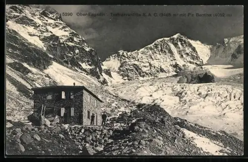 AK Tschiervahütte S. A. C. mit Piz Bernina im Ober-Engadin
