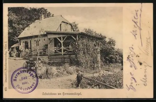 AK Wien, Hermannskogel-Schutzhaus, Blick zur Berghütte