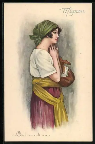Künstler-AK E.Colombo: schwarzhaarige Frau mit Kopftuch