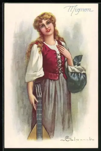 Künstler-AK E.Colombo: junge Frau in Tracht mit einer Mandoline